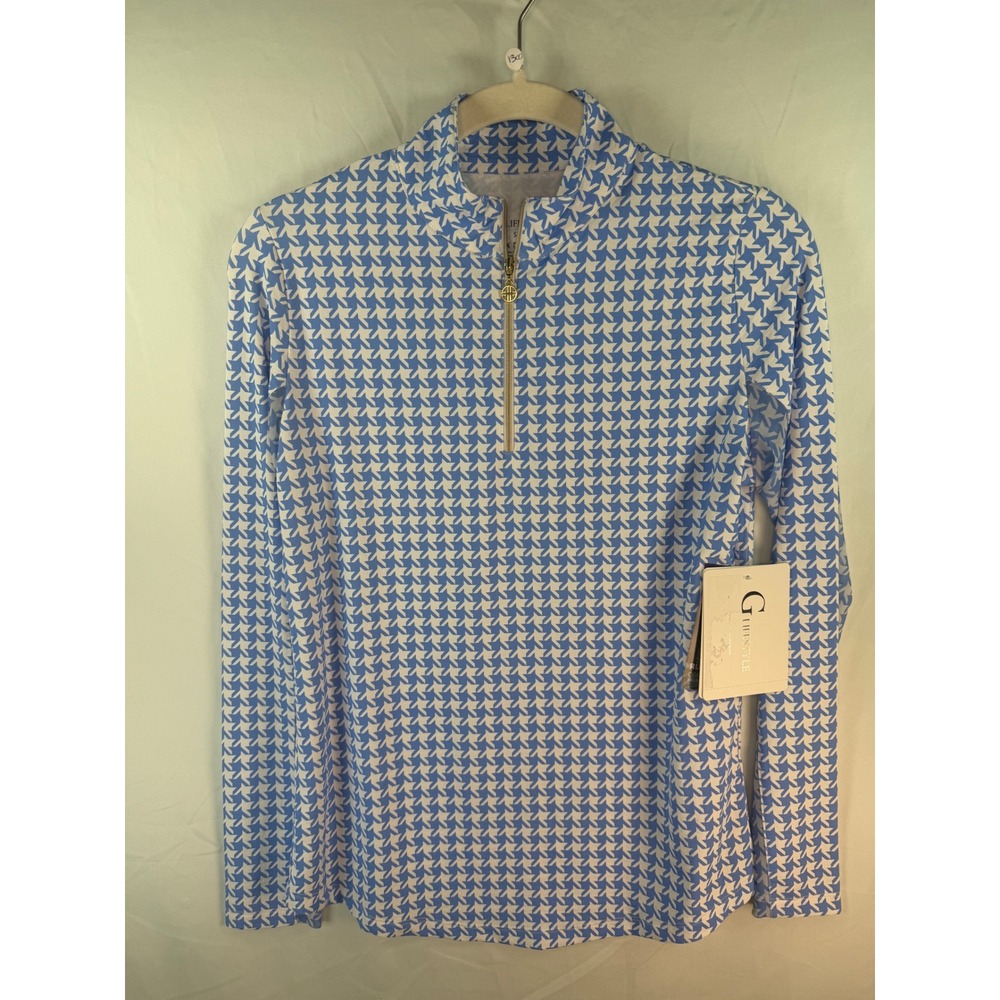 G Lifestyle Womens Peri Houndstooth Quarter Zip Long Sleeve Top Blue White Sz S